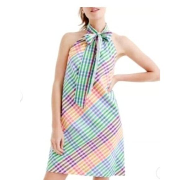 J Crew Woman's Gingham Tie Neck Cotton Sleeveless Mini Dress Rainbow size 12 - Picture 1 of 8